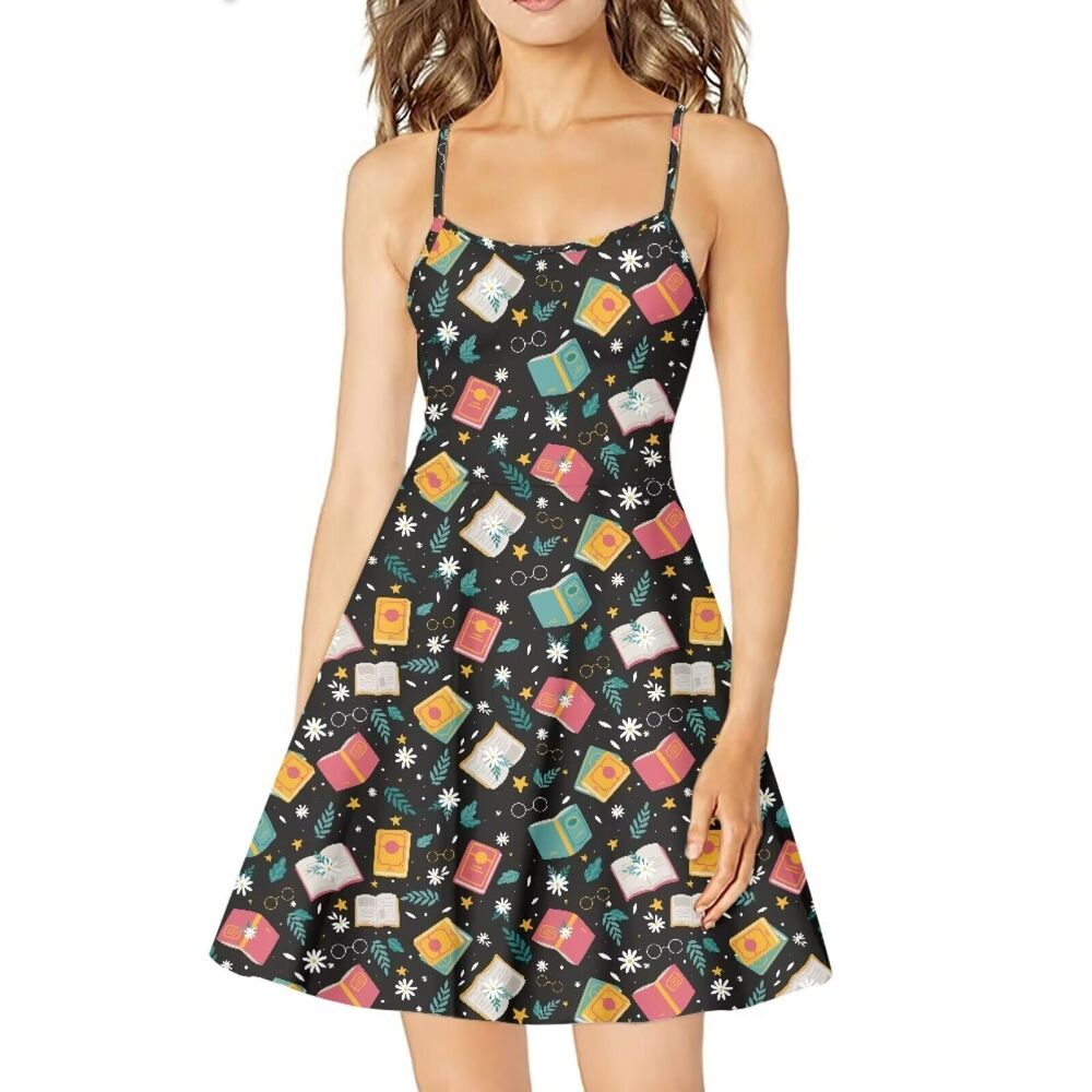 9460 Cute Book Lover Print Dresses Mini Dress Casual Sundress with Soft